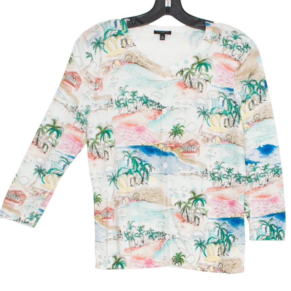 Talbots Cardigan Coastal Beach Tropical Resort Vacation Nautical 3/4 Sleeve SP